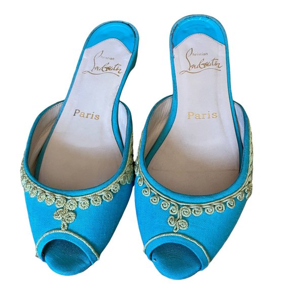 Christian Louboutin Embroidered Slides Aqua and Yellow Size...